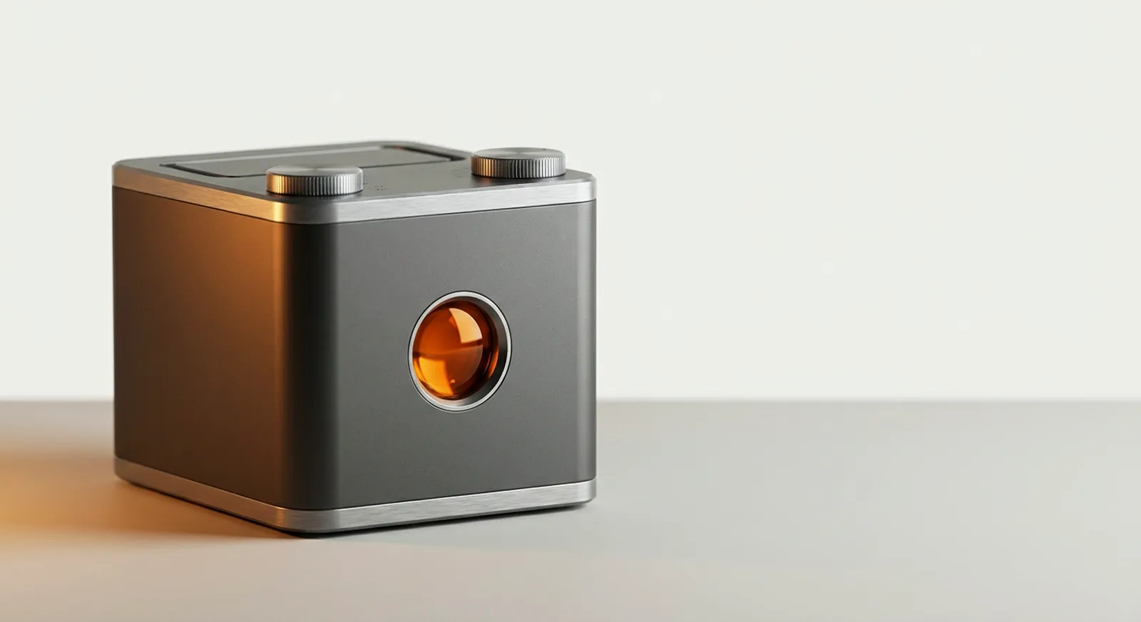 A Deckard operative: a machined desktop instrument with a warm amber lens that quietly processes back-office work.
